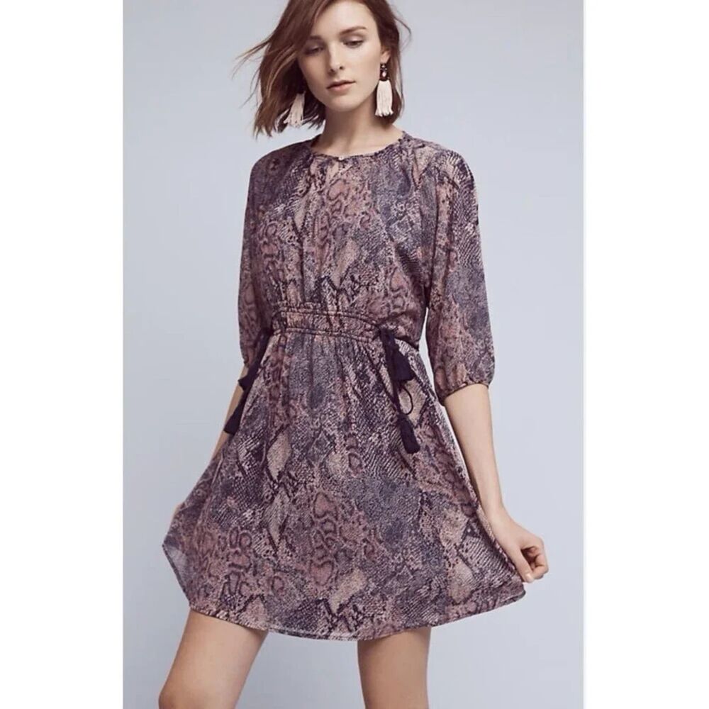 Anthropologie Zharah Peasant Dress by Floreat, Purple Motif Snakeskin Medium M